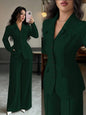 Cream Solid Color Tailored Blazer & Wide Leg Pants 2-Piece Set, V-Neck, Contrast Buttons,