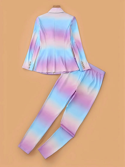 Multicolored pant set, double breasted lapel long sleeved suit jacket and pants