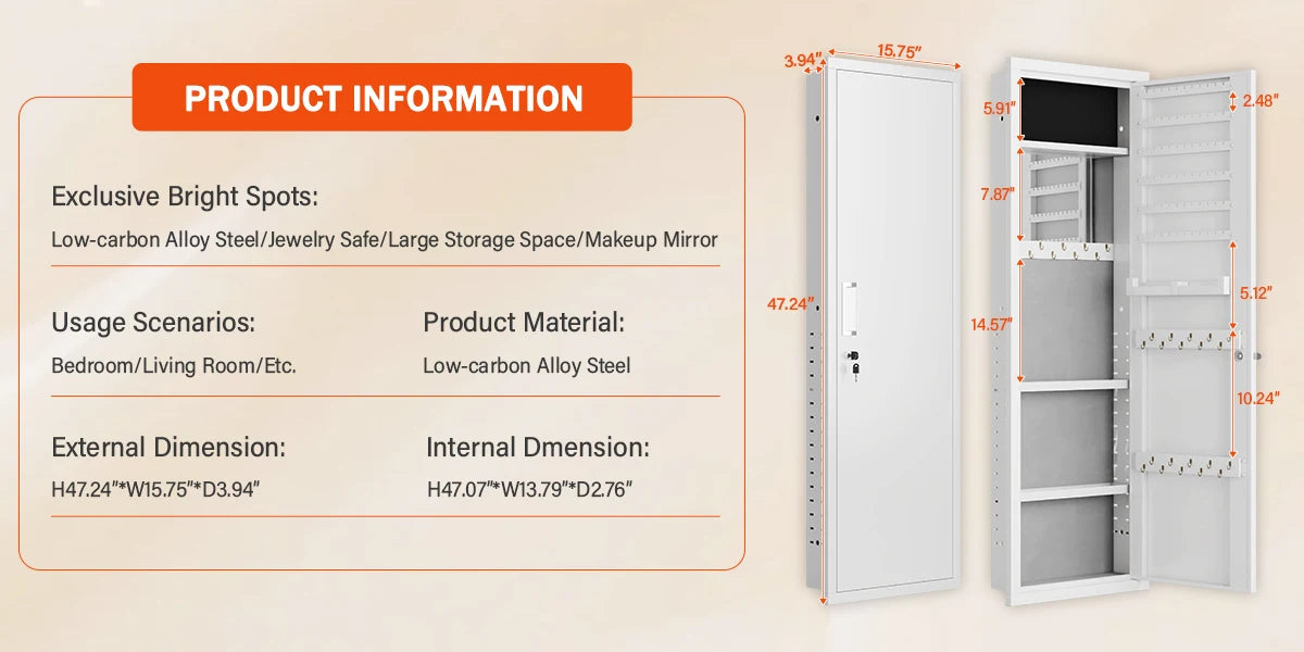 Mirror Jewelry Cabinet, 47.24" Tall Wall Mounted Jewelry Cabinet with Mirror and Light, Large Jewelry Armoire Organizer