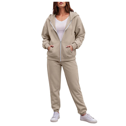 Women Long Sleeve Solid Color Hooded Sweatshirt and Pant