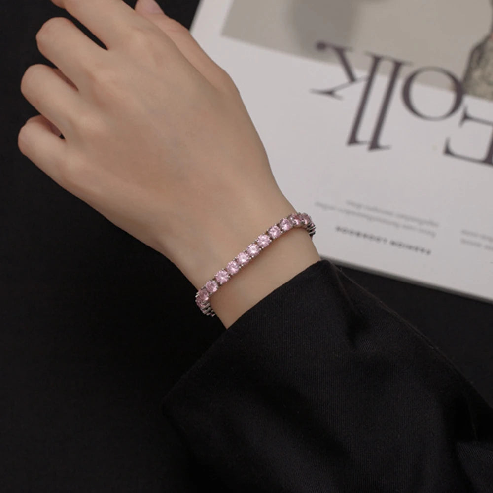 New In Solid 925 Sterling Silver 5MM Lab Pink Sapphire Gemstone Tennis Chain Bracelets