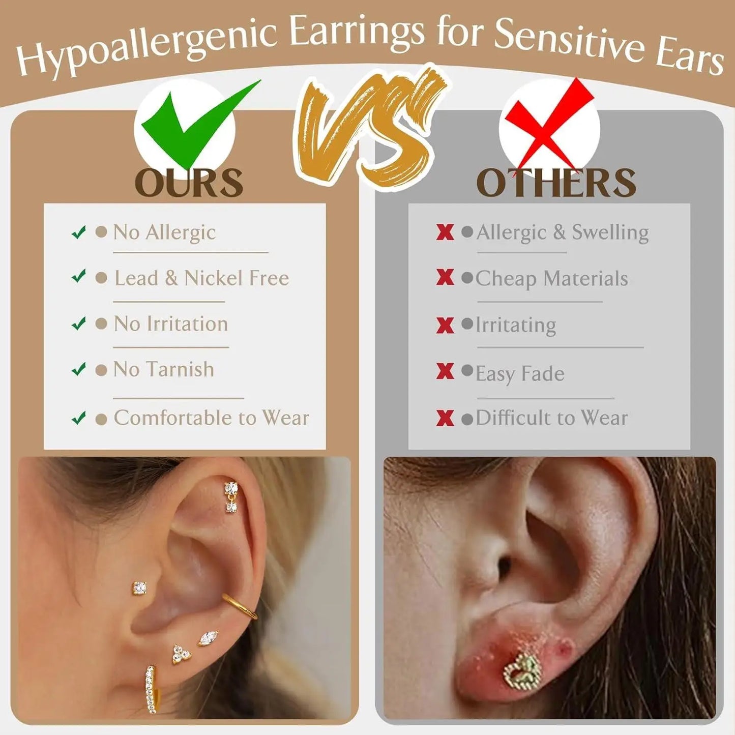 8 Pairs 20G Hypoallergenic Flat Back Stud,and Hoop Earrings