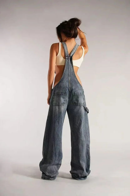Low Waist shoulder Strap Wide Leg Jeans Low Rise Cargo Trousers with Straps