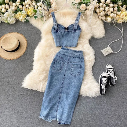 denim 2 piece outfits summer top and skirt