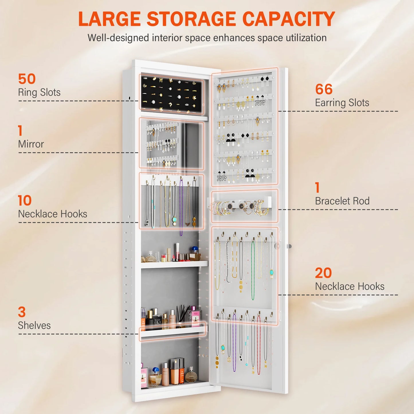 Mirror Jewelry Cabinet, 47.24" Tall Wall Mounted Jewelry Cabinet with Mirror and Light, Large Jewelry Armoire Organizer