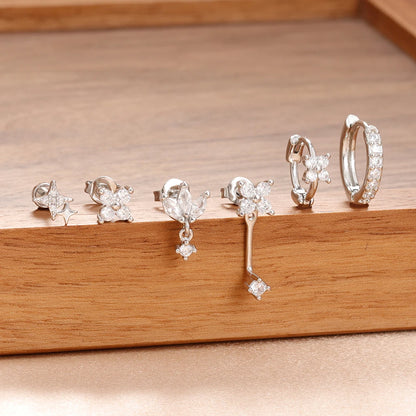 6PCS Fashion Cute Zircon Flower Ear Stud 18K Gold Plated Star Ear Stud Earrings