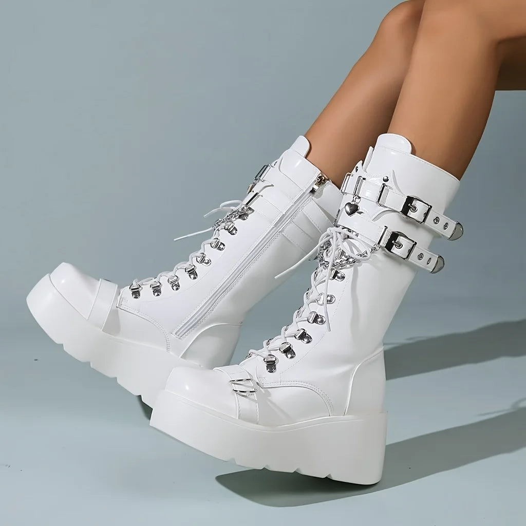 Women's Gothic Punk Combat Boots Wedge Heel Round Toe Mid-Calf Boot with Side Zipper