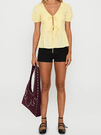 Women s Plaid Print Tie-Front Blouse with Short Sleeves and V-Neckline