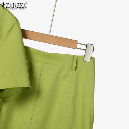 ZANZEA Fashion 2PCS Women Summer Dress Set Short Sleeve Blouse Sundress Casual Solid Outfits