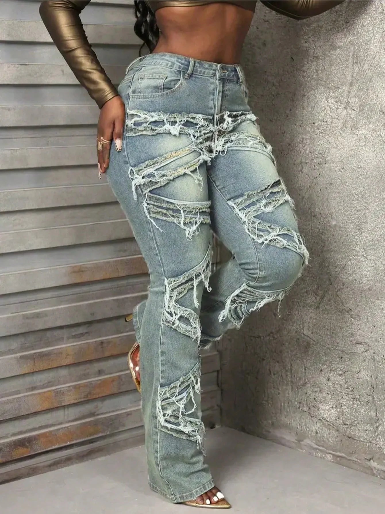 Fringed Distressed Flare Jeans - High Stretch Unique Tassel Design