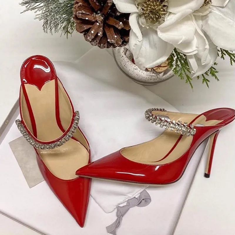 2025 New Fashionable Fine Heeled Muller Shoes with Pointed Water Diamond Chain Banquet