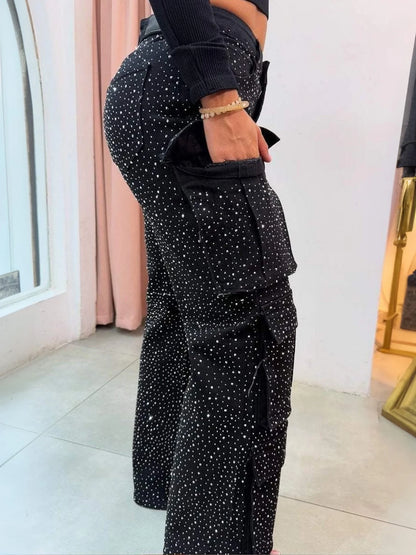 High Waist Black Rhinestone Multi-Pocket Jeans,