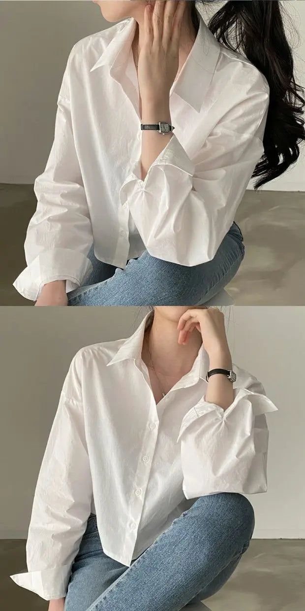 Spring New Casual Long Sleeve Women White Shirt Solid Button Split Woman Crop Tops