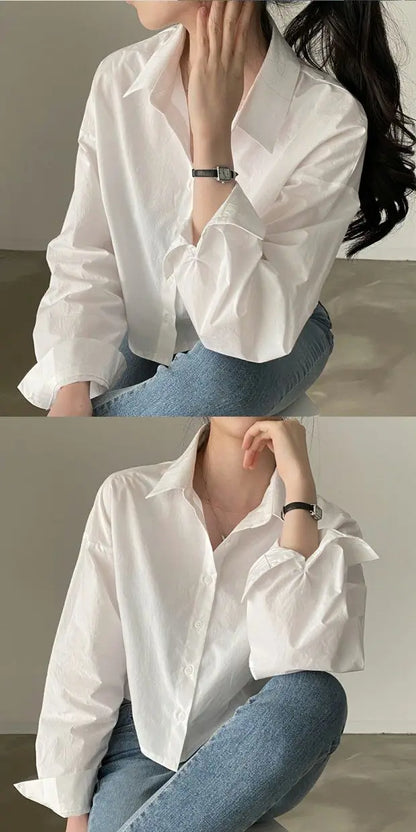 Spring New Casual Long Sleeve Women White Shirt Solid Button Split Woman Crop Tops