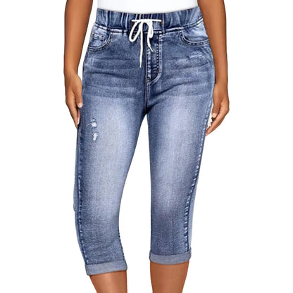 Women's Denim High Waist Slim Fit Drawstring Waistband Capri Pants
