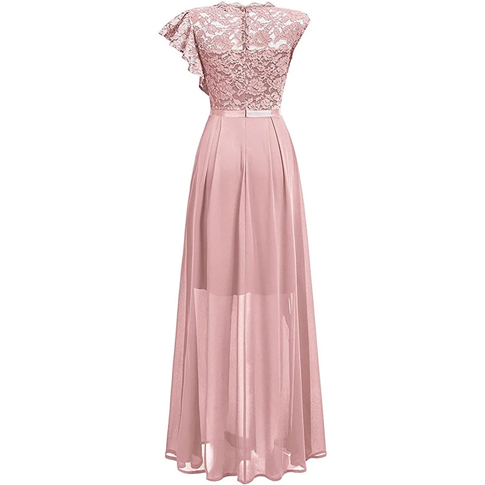 Elegant Women Sleeveless Long Evening Dress With Belt Slit Ruffles