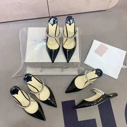 2025 New Fashionable Fine Heeled Muller Shoes with Pointed Water Diamond Chain Banquet