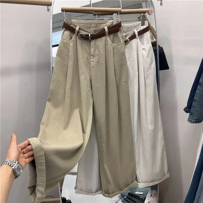Khaki Color Women's High Waist Straight Leg Jeans Pear Shape Body Slimming Harlan Wide Leg Pant