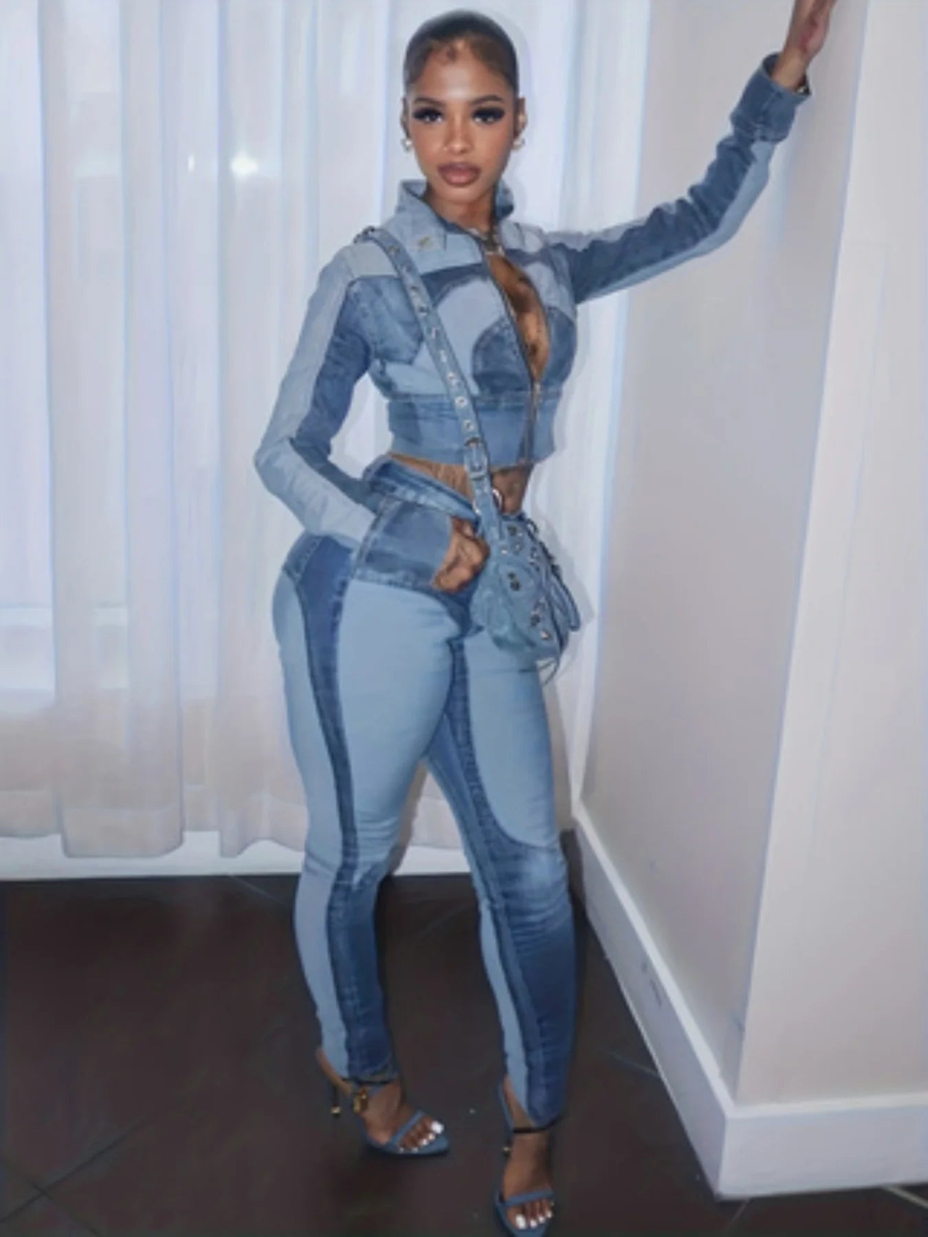 Denim Two-Piece Set, High Elasticity Fabric, Slim Fit Design, Features a Mock Lapel Top and Tailored Pants