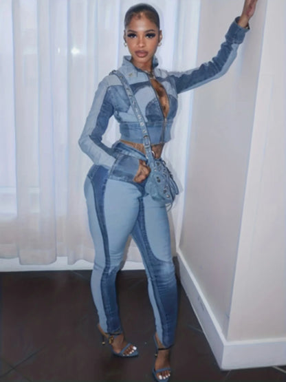 Denim Two-Piece Set, High Elasticity Fabric, Slim Fit Design, Features a Mock Lapel Top and Tailored Pants