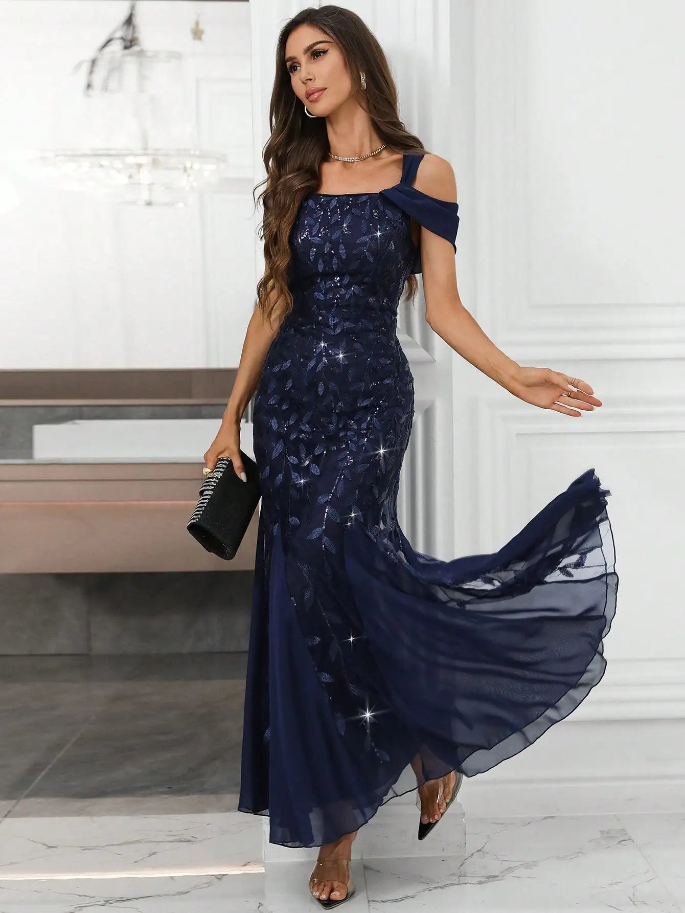 Elegant Off-Shoulder Sequin Mermaid Evening Dress