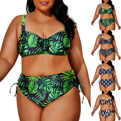 2024 Fashion Plus Size Bikinis New Floral Print Ruffle Two Pieces Swimwear