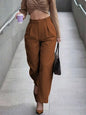 Women's Beige High Waist Straight Leg Pleated Trousers