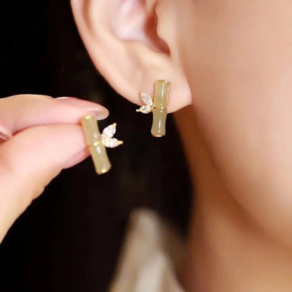 Vintage Ethnic Style Imitation Jade Bamboo Crystal Stud Earrings