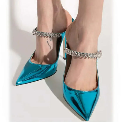 2025 New Fashionable Fine Heeled Muller Shoes with Pointed Water Diamond Chain Banquet