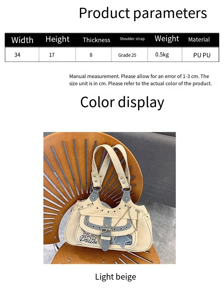 Gothic Punk Y2K One Shoulder Tote Bag, Harajuku Aesthetic Leather Patchwork Casual Handbag.