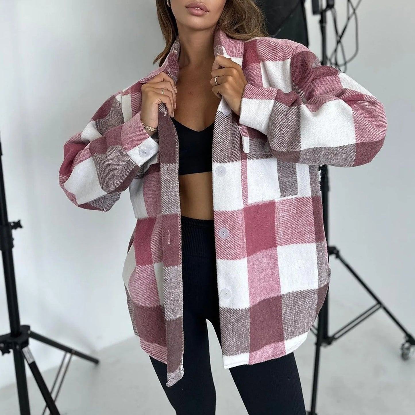 Fall Winter Classic Plaid Shirt for Women Plus Size Flannel Button Down Lapel Shirt