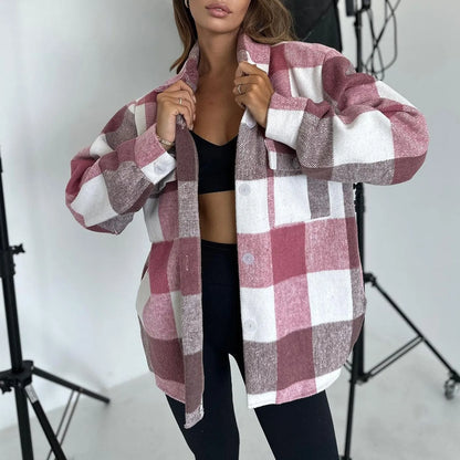 Fall Winter Classic Plaid Shirt for Women Plus Size Flannel Button Down Lapel Shirt