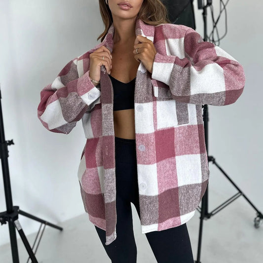 Fall Winter Classic Plaid Shirt for Women Plus Size Flannel Button Down Lapel Shirt