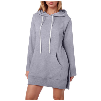 Women Solid Color Hoodie Dress Casual Loose Pullover Long Sleeve Drawstring Mid Dress with Side Slit