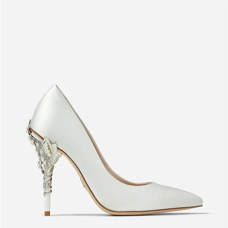 Luxury Leaves Metal Heel Women Shoes Pointed Toe Blue White Pink Black Silk Stiletto High Heels