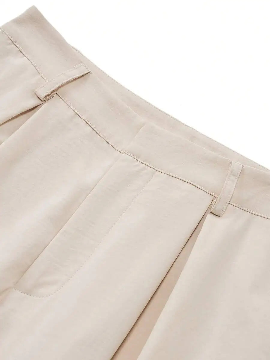 Women's Beige High Waist Straight Leg Pleated Trousers