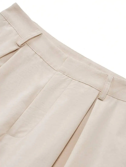 Women's Beige High Waist Straight Leg Pleated Trousers