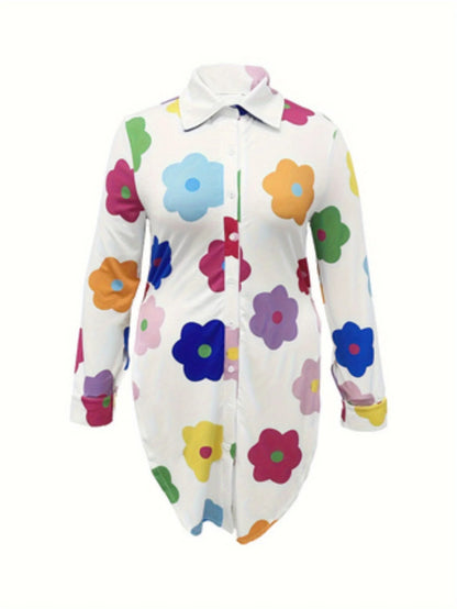 Women's Large Size Colorful Flower Printed Long Sleeve shirt