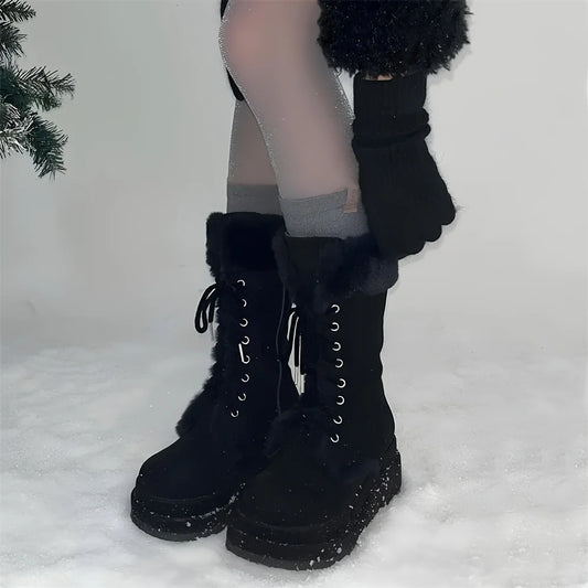 Winter Warm Faux Fur Mid Calf Snow Boots Platform Wedges High Heels Side Zipper Lace-up Boots for Women