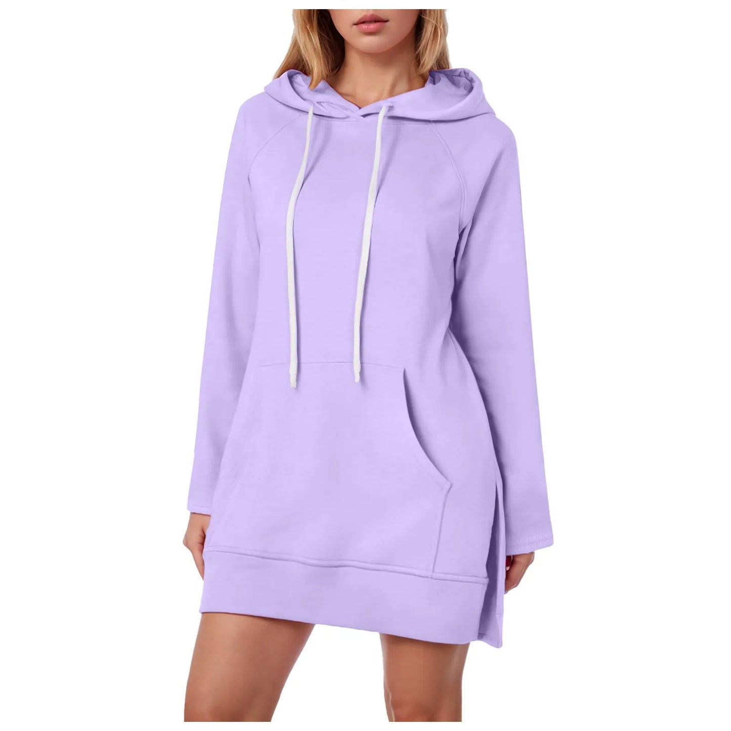 Women Solid Color Hoodie Dress Casual Loose Pullover Long Sleeve Drawstring Mid Dress with Side Slit