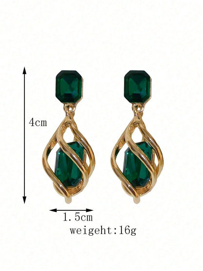 Green Gemstone Diamond Drop Earrings -