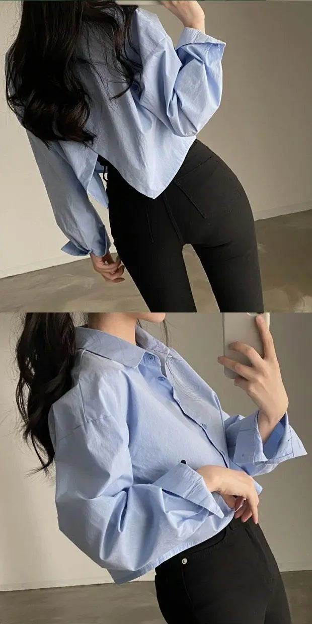 Spring New Casual Long Sleeve Women White Shirt Solid Button Split Woman Crop Tops