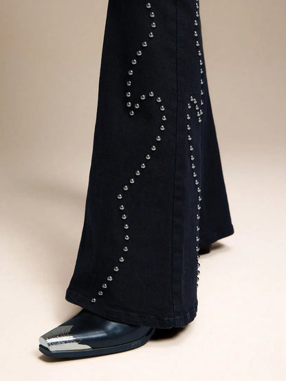 High Waist Western Studded Flared Denim Jeans