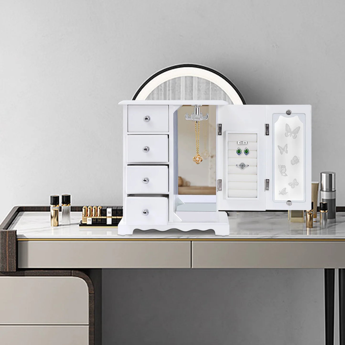 Jewelry Box with 4 Drawers Organizer and Built-in Necklace Carousel and Large Mirror, Jewelry Storage Box White