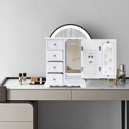 Jewelry Box with 4 Drawers Organizer and Built-in Necklace Carousel and Large Mirror, Jewelry Storage Box White