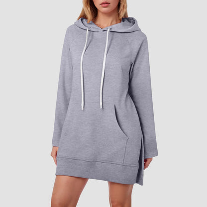 Women Solid Color Hoodie Dress Casual Loose Pullover Long Sleeve Drawstring Mid Dress with Side Slit