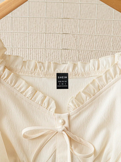 Women's Off-Shoulder Ruffled Lace Trim Cropped Blouse with Pearl Buttons
