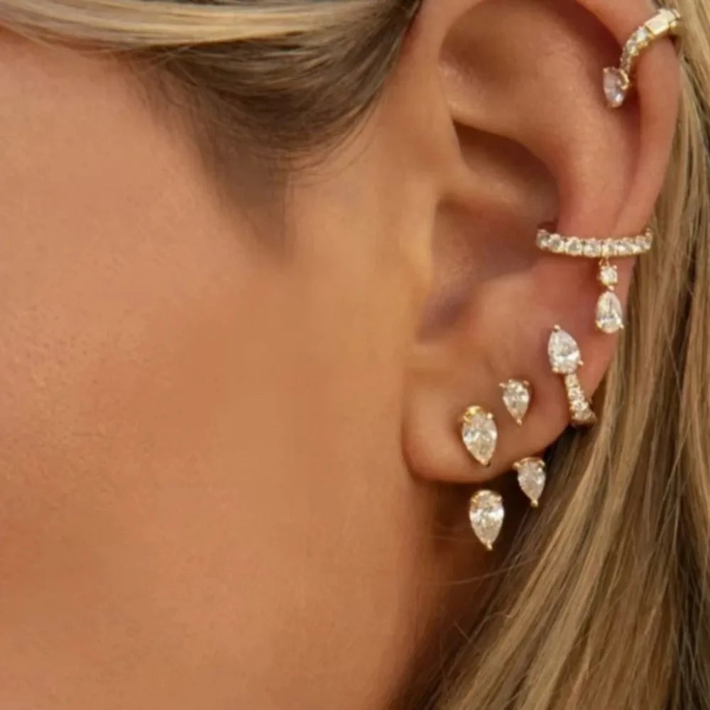 Front and Back Ear Waterdrop Zircon C-shaped, Stainless Steel Earring