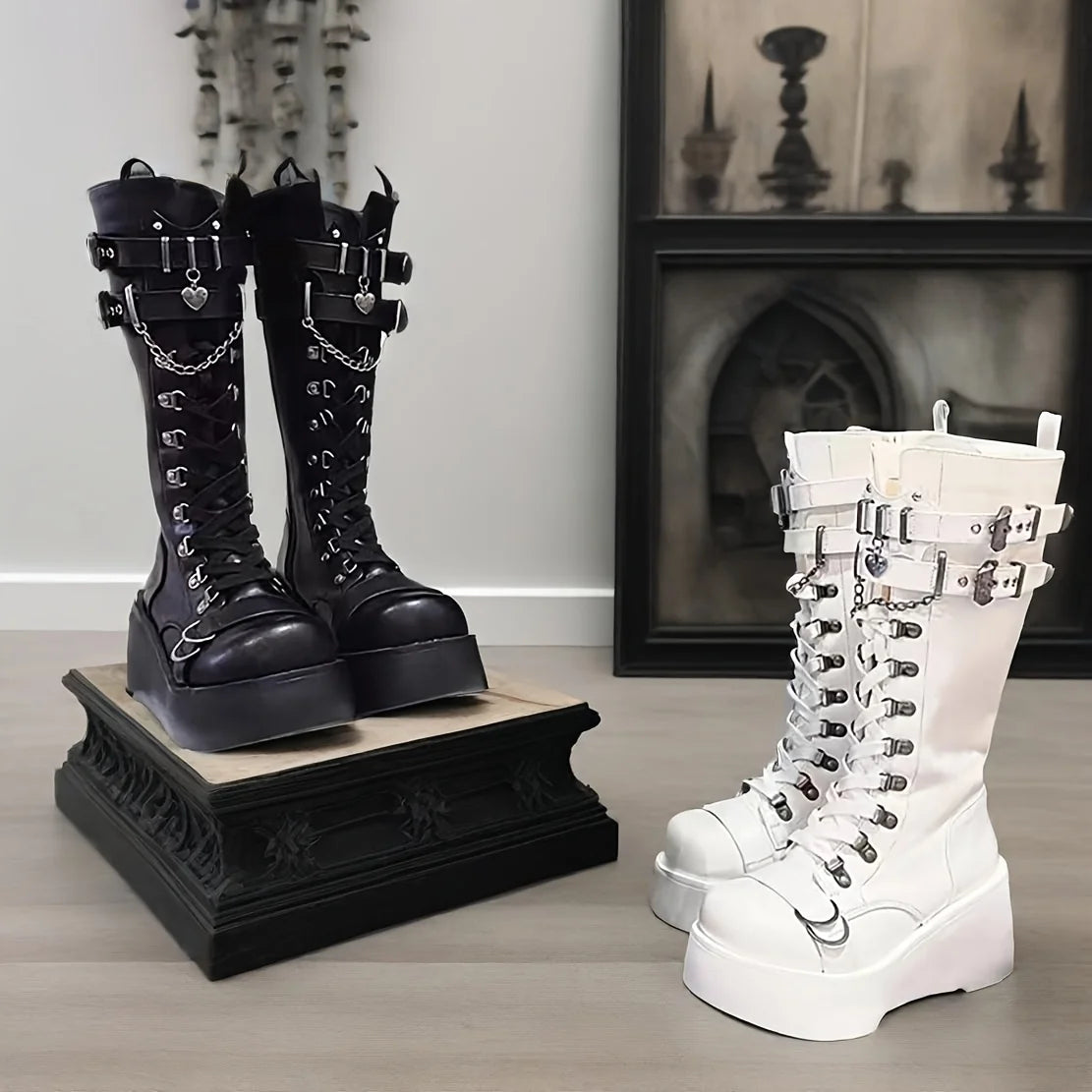 Women's Gothic Punk Combat Boots Wedge Heel Round Toe Mid-Calf Boot with Side Zipper