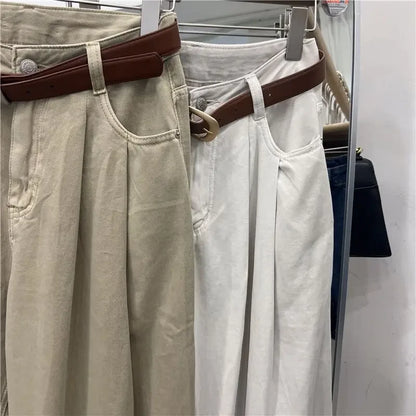 Khaki Color Women's High Waist Straight Leg Jeans Pear Shape Body Slimming Harlan Wide Leg Pant
